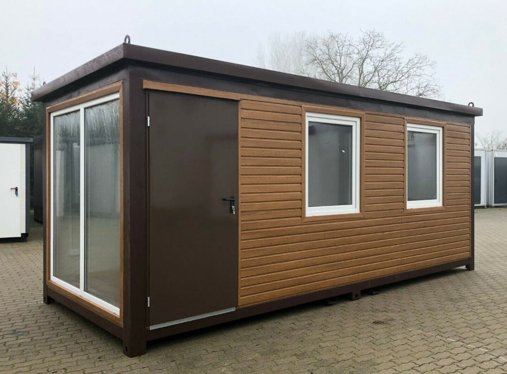 20-foot mobile office containers covered in open wood and glazed over a width width