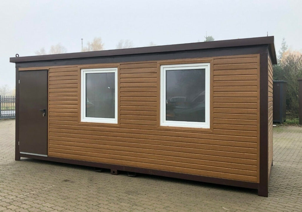 20-foot mobile office containers covered in open wood and glazed over a width width