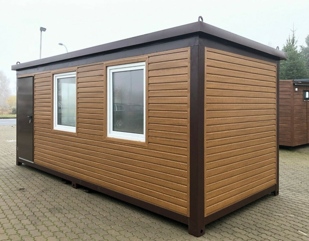 20-foot mobile office containers covered in open wood and glazed over a width width
